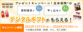 プレゼントキャンペーン！ 資料請求で1つ、申し込みで3つ、生命保険※のデジタルギフトがもらえる！ 【キャンペーン期間】2023年12月1日～2024年2月29日※各種生命保険（医療、がん、死亡保険）